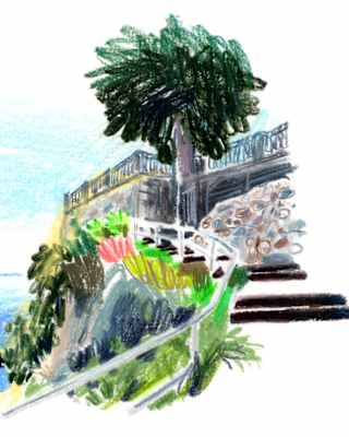 A bright crayon illustration of a path leading up steps to a terrace overlooking the sea, by Damien Cuypers.