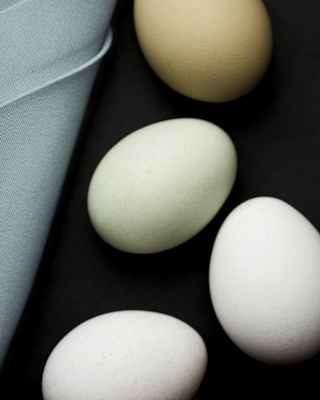 Four eggs of different shades—brown, green, and white—are arranged on a dark surface next to a folded light blue cloth.