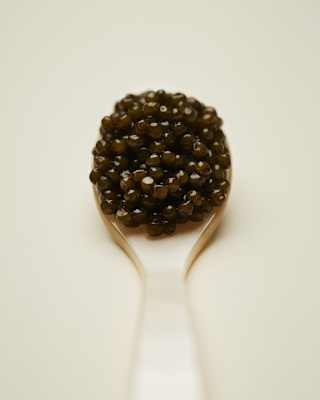 A close-up of a gold spoon holding a small mound of black caviar, photographed against a plain, light background.