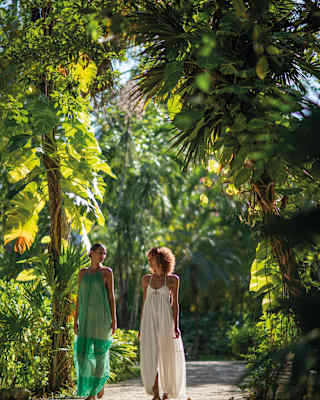 Two female guests in green and white diaphanous dresses walk through tree ferns and tropical plants in the jungle gardens.