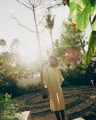 Angled image of a guest in the spa courtyard looking up at the sky as sunrays create a haze through the lush foliage.