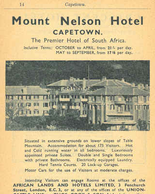 Vintage advertisement for the Mount Nelson Hotel in Cape Town, showing a black-and-white photo of the hotel building, with descriptive text about its amenities and contact information below.