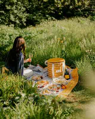 A woman with long dark hair holds a glass of Champagne as she sits on a blanket and enjoys a picnic in the gardens.