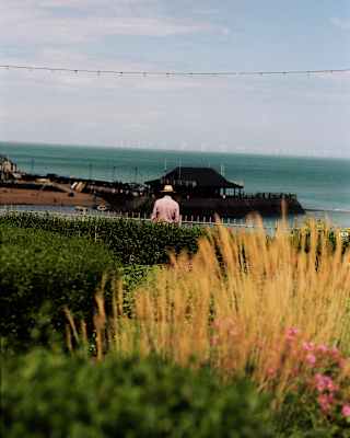A man in a pink shirt and white hat looks at Broadstairs harbour and the Jetty Restaurant, seen from gardens behind.