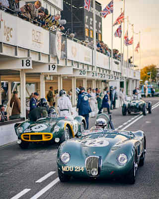 A Jaguar C-Type, Aston Martin DB3s and Frazer Nash Le Mans rep cruise the track in front of the crowd enclosures at Goodwood.
