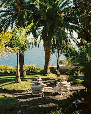 Two guests wearing sun hats enjoy ocean views from lounge chairs nestled between palms in the gardens, seen from behind.