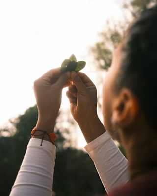 Close-up of a woman who holds a set of three coca leaves up to sky in a Kintu Ceremony, thanking nature and the Andean gods.