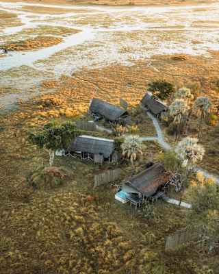 Four thatch-roofed luxury safari lodges among tall trees on a grassy island