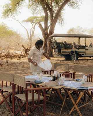 A female staff member prepares a table for a bush lunch experience, with a jeep behind, parked beneath an acacia tree.