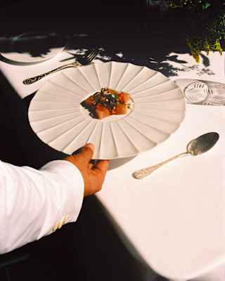 A La Loggia waiter delivers a dish of pink amberjack arranged in star on a white ceramic plate with a wheel spoke pattern.
