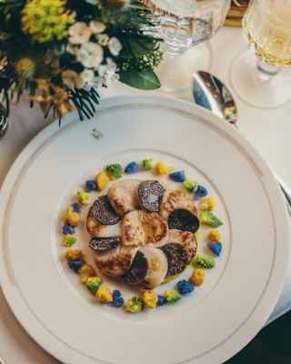 Looking down on a plate of scallops and black truffle slices arranged in a round and circled by blue, yellow and green garnish.
