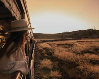 A female passenger in a brimmed hat leans on the railings of the observation deck as the sun sets over the golden plains.