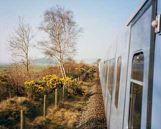 A view from the side of a moving train, showing leafless trees, green bushes, and a stone-lined railway track under a clear blue sky.