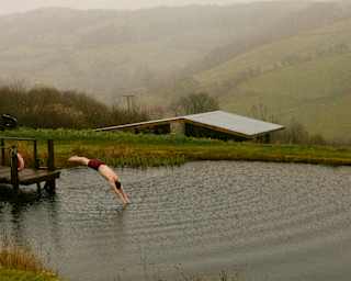 A person in swimming trunks dives off a wooden jetty into a small pond, surrounded by grassy hills and misty countryside with a modern building in the background.