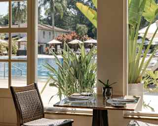 A window table for two enjoys filtered sun and pool views, part obscured by potted strelitzia plants, seen inside Ipê Grill.