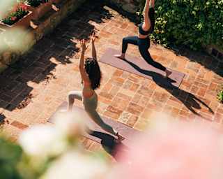 On mats in a sunny brick courtyard, two women in grey and black yoga wear, hold the warrior pose, seen from above.