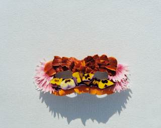 An eye mask crafted from the petals of Gerbera, Pansies and Roses lies in the sun, awaiting evening and the next masked ball