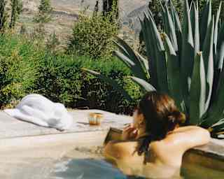 A woman, seen in soft-focus from behind, relaxes in a sunny plunge pool by a large aloe plant, gazing at distant mountains.