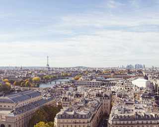 High-angle view over Paris, capturing the city's grid-like arrangement of Haussmannian buildings, the Seine and Eiffel Tower.