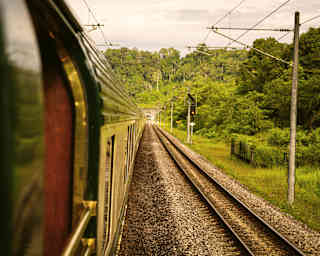 External shot, taken from a window, along the side of the train as it journeys on tracks with a verdant forest backdrop.