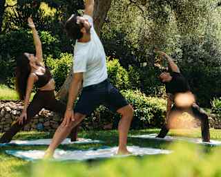 Two men and a woman in dark activewear do yoga stretches, standing on towels on a lush lawn, viewed at eye-level in gardens.