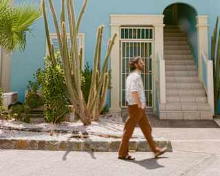 In a local Saint Martin lane, a man strolls past a house painted sky-blue, with a tall cactus plant and palm out front.