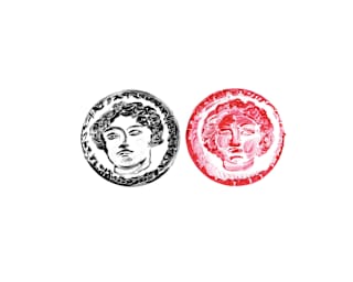 Two old coins, one black, the other red, with Roman faces, representing the UNESCO city of Bath, illustrated by Manon Cezaro.
