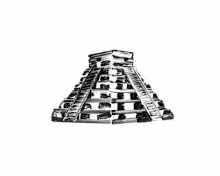 The ancient Chichén Itzá pyramid in Mesoamerica depicted in a black and white brush-stroke illustration by Manon Cezaro.