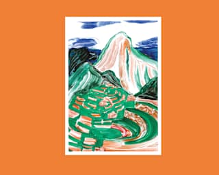 A painting with sweeping brush strokes in green and brown by Manon Cezaro represents the UNESCO site, Machu Picchu.