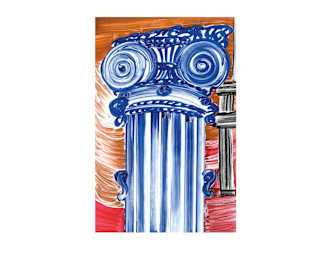 A blue column with decorative scrolls on a red and brown background drawn by Manon Cezaro depicts the Roman city of Pompei.