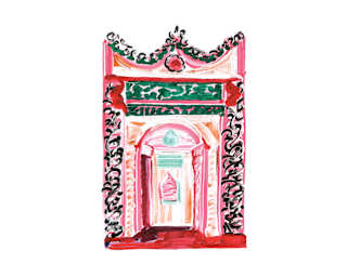 An illustration of an ornate doorway in Turkey's Hagia Sophia Mosque, painted in pink, red and green, by artist Manon Cezaro.