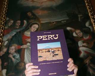 A woman holds up Peru, a book by Belmond and Assouline, obscuring her face, in front of an oil painting, seen at a low-angle.