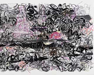 An intricate artwork made from individual ink brushstrokes in black, grey and shades of purple, by artist Wu Jian'an.