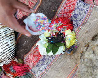 A close-up hand in soft-focus sprinkles a bright confetti offering from a shell onto flowers, laid on a mat, seen from above.
