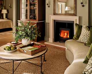 A roaring fireplace catches the eye in a view over a kidney sofa and table, with a glimpse of a cabinet and bedroom beyond.