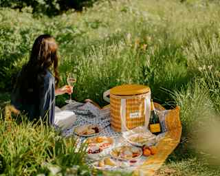 A woman with long dark hair holds a glass of Champagne as she sits on a blanket and enjoys a picnic in the gardens.