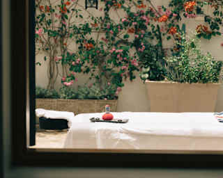 A therapy bed awaits a guest in the Hypnôze Spa courtyard filled with blooming orange and pink plants, seen through a window.