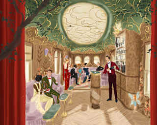 Yukiko Noritak illustration of the Celia carriage with guests sitting on lilac banquettes beneath a gold and green ceiling.