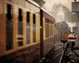 Steam engine and cream and chocolate-coloured vintage train carriages on tracks