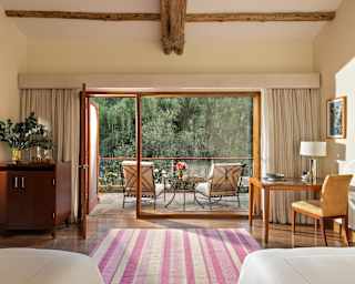 Two chairs bathe in lush forest views on a terrace, seen through a glass wall and door from inside a room with a pink rug.
