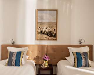 A framed photograph of alpacas hangs between white twin beds with cushions, separated by a table with a vase of pink flowers.
