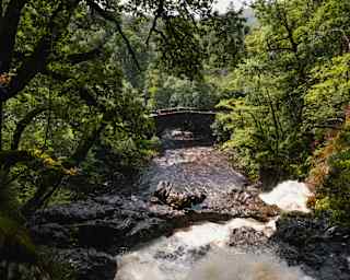 Hikers walk over an old stone bridge spanning a fast-flowing river with rocks and rapids which cuts through verdant forest.