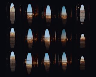 A collage of images, photographed by Coco Capitán, hint at the changing views and life-moments beyond the carriage windows.