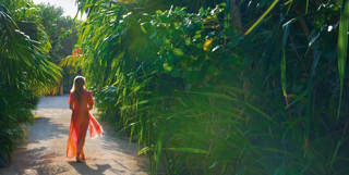 Lady in a red floaty dress strolling on a path among lush jungle foliage
