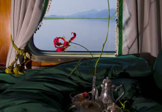 A tray with a silver tea set rests on a green duvet adorned with a flame lily that stands out against the misty window view.