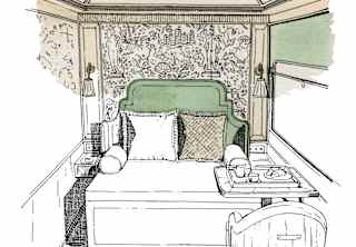 A line drawing of a Britannic Explorer cabin shows a window table and armchair, and a bed against a carved pattern wall.
