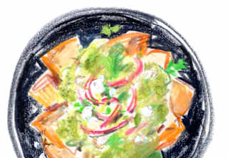 Vibrant crayon sketch by Damien Cuypers of a traditional breakfast dish of chilaquiles, with salsa, sour cream and coriander.