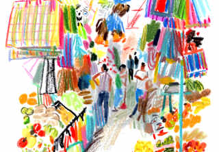 Bright sketch by Damien Cuypers looking through a market selling produce, bags and decorations, in San Miguel de Allende.