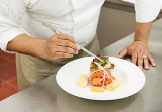 A hotel chef puts the finishing touches to a beautifully presented plate of food on a shiny steel kitchen worktop