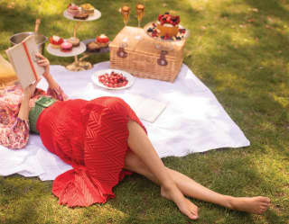 A woman lies on a picnic rug beside two flutes of sparkling rosé, a tiered stand of exquisite teacakes and plate of grapes